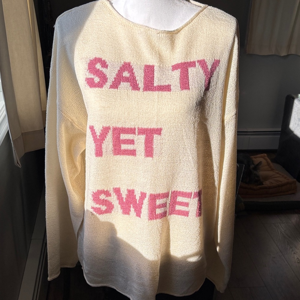 Fun Listicle Cream Sweater with Pink Text